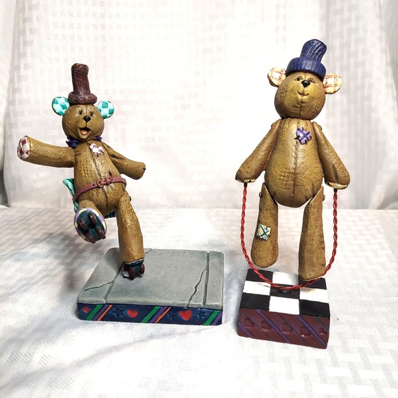 Jim Shore - Enesco 1996 - Patchwork Bears - Jump Rope, Roller Skating/Falling - Picture 1 of 7